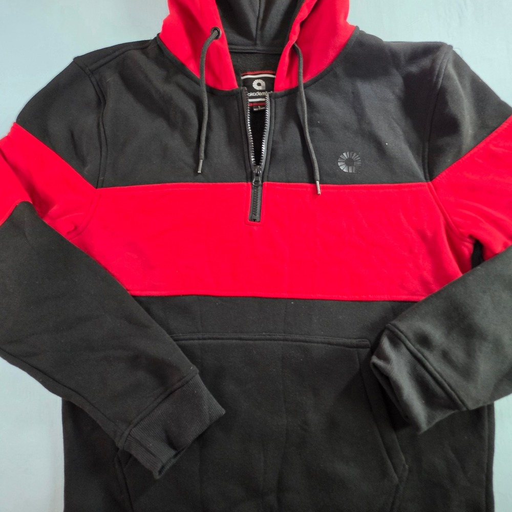 Akademiks Mens Quarter Zip Hoodie Black Red Colorblock Fleece Sweatshirt Large
